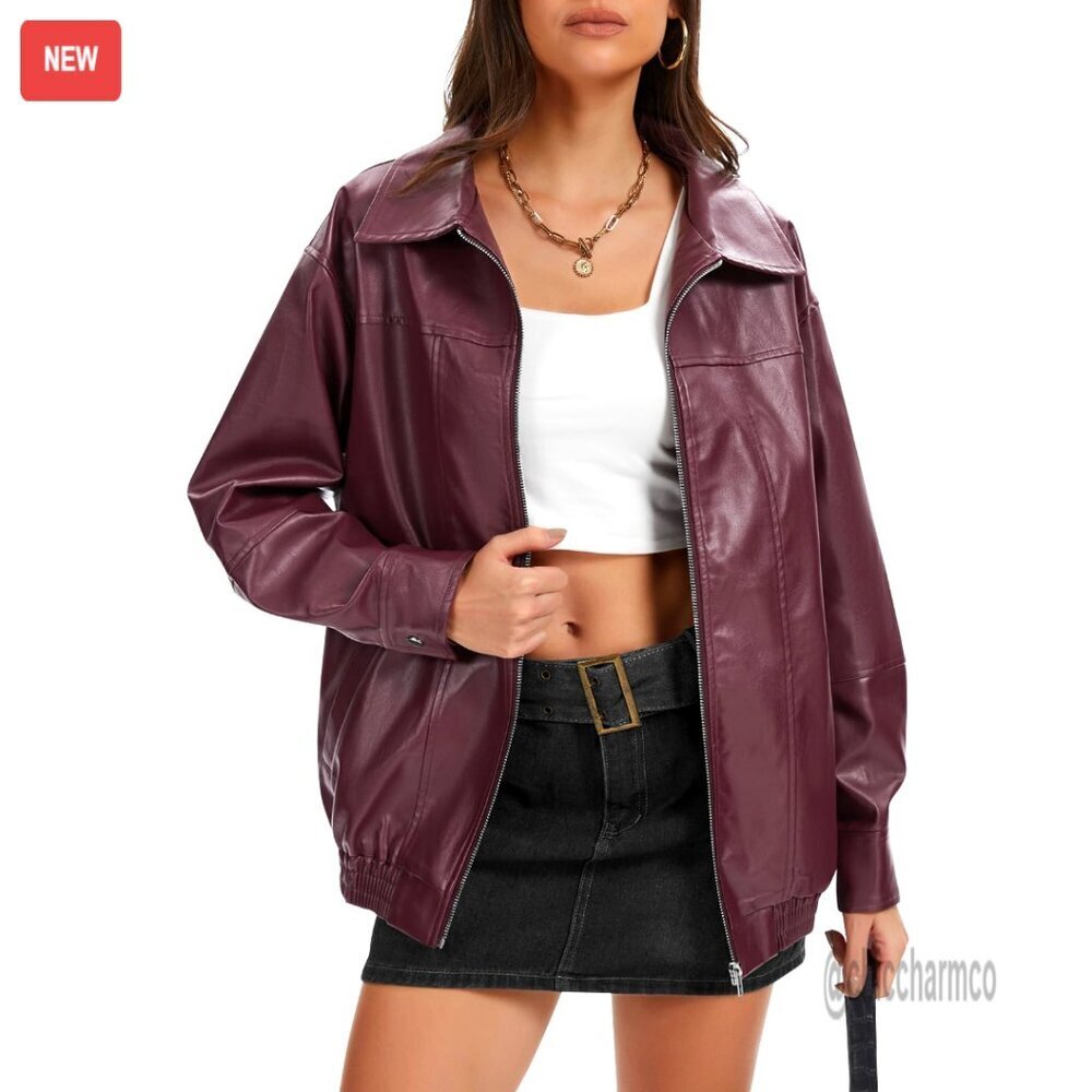 Oversized Faux Leather Motorcycle Bomber Jacket Zip Up Winter Coat